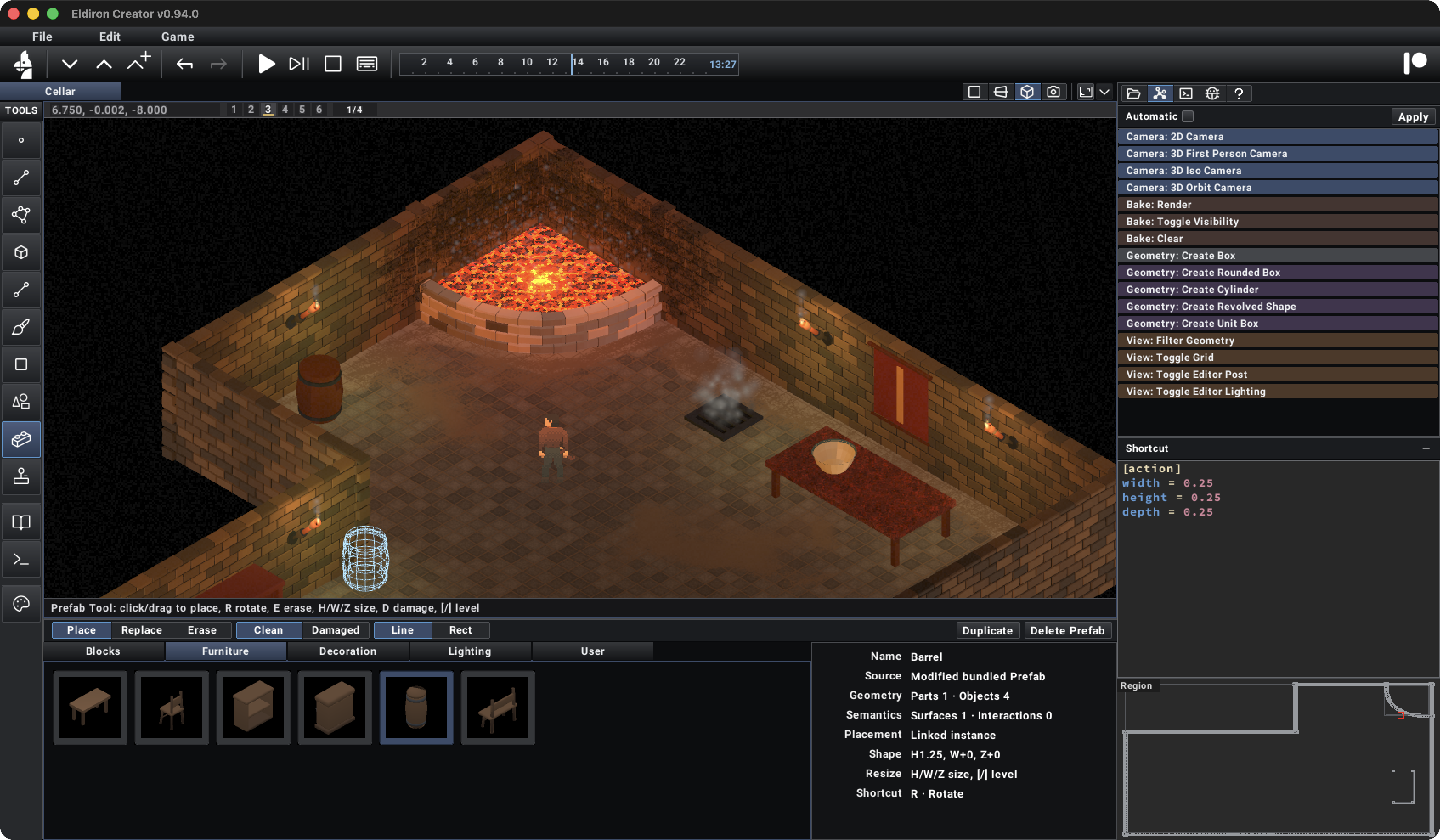 Eldiron Creator v0.94.0 showing an isometric masonry cellar with furniture, lighting, smoke, and the Prefab browser