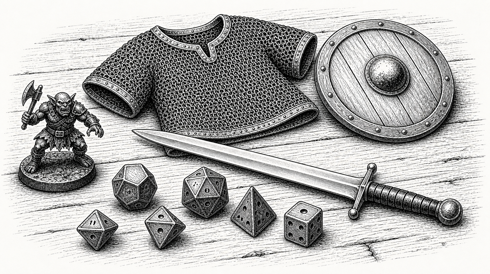 Black-and-white RPG dice, sword, shield, armor, and orc marker illustration